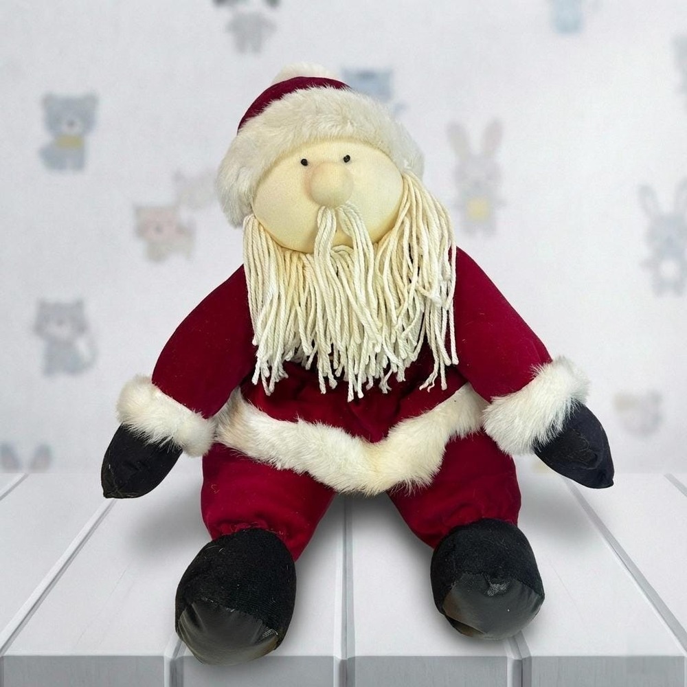 Vintage Stuffed Santa Claus Plush 1980s Red Velvet Suit White Yarn Hair & Beard